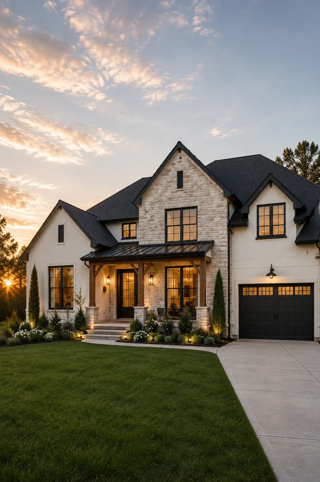 A two-story house with lit windows at dusk.