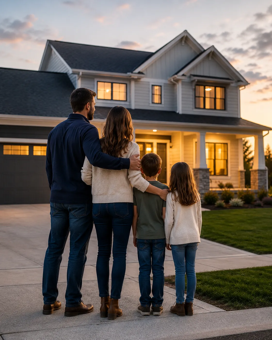 A family standing together in front of their home in the evening light.