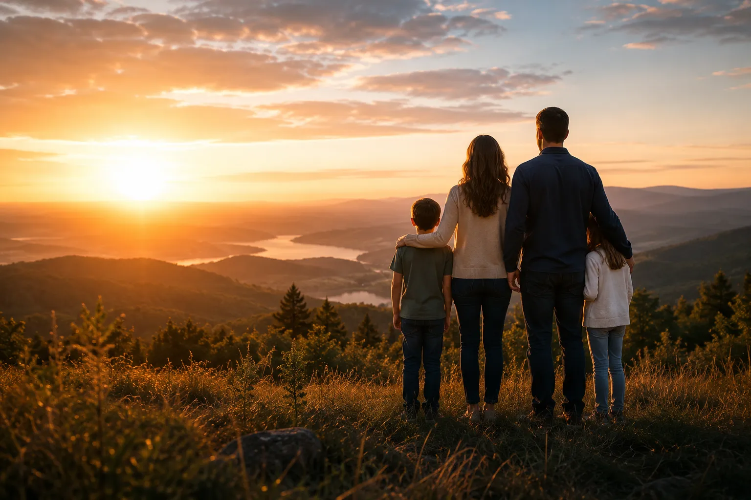 A family on a ridge watching the sun set over the hills.