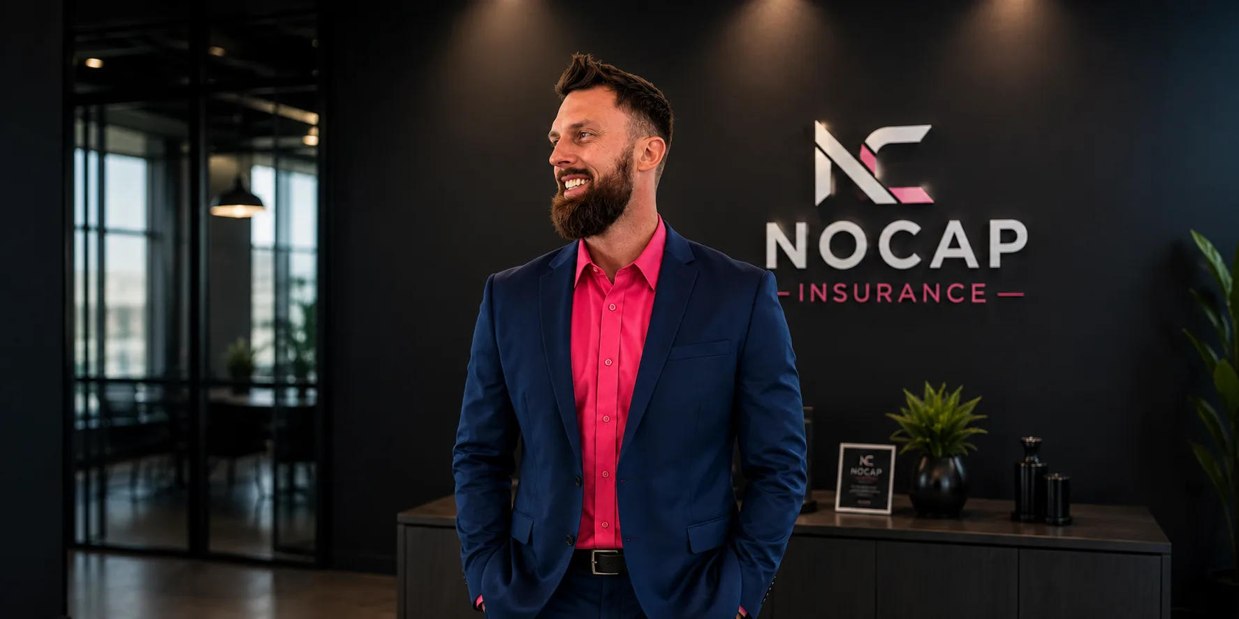 Aaron, NoCap's founder, in the office in front of the magenta N wall.